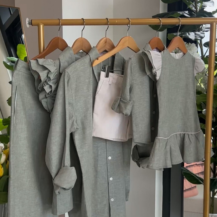 Crafted in a gentle sage green linen-cotton blend, these limited-edition styles are made for women, men, and children.